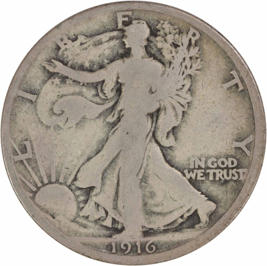 1916 Liberty Walking Half Dollar 90 Percent Silver VG Philadelphia Uncertified: 1916 Liberty Walking Half Dollar 90 Percent Silver VG Philadelphia Uncertified This 1916 Walking Liberty Half Dollar is a circulated coin from the Philadelphia Mint with no mint mark. Designed by Adol