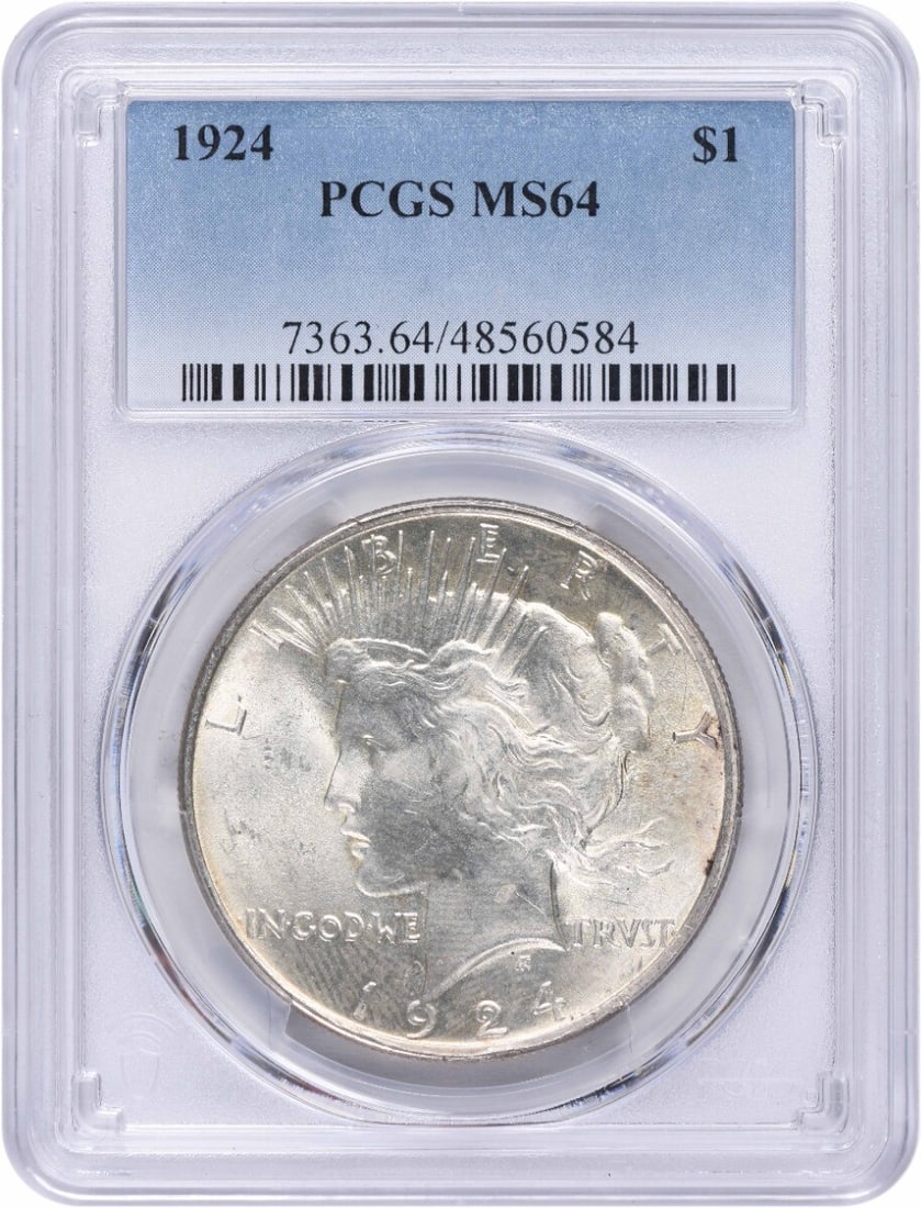 1924 Peace Silver Dollar MS64 Uncirculated PCGS Certified: 1924 Peace Silver Dollar MS64 Uncirculated PCGS Certified This 1924 Peace Silver Dollar is a remarkable collectible, certified by PCGS with a grade of MS64, indicating its uncirculated condition. The 