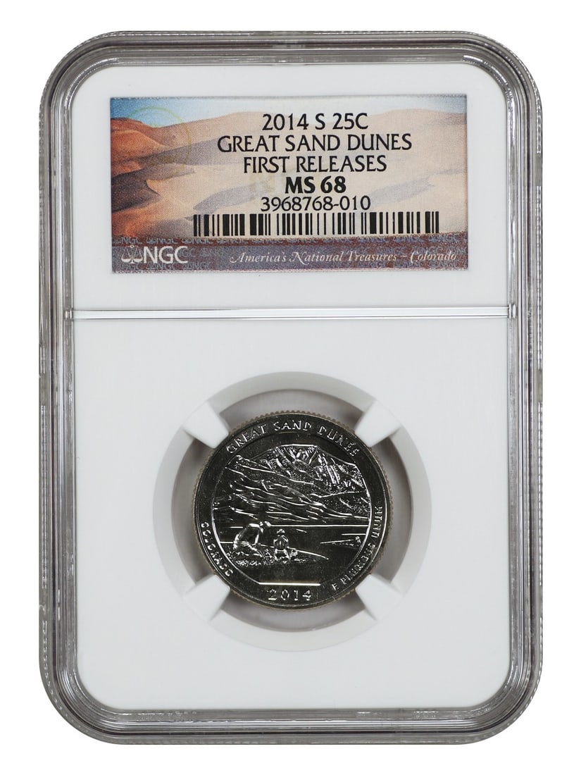 2014-S 25C Great Sand Dunes NP NGC MS68 First Releases Clad: 2014-S 25C Great Sand Dunes NP NGC MS68 First Releases Clad This 2014-S 25C Great Sand Dunes National Park coin is graded MS68 by NGC, showcasing exceptional quality. As part of the Washington America