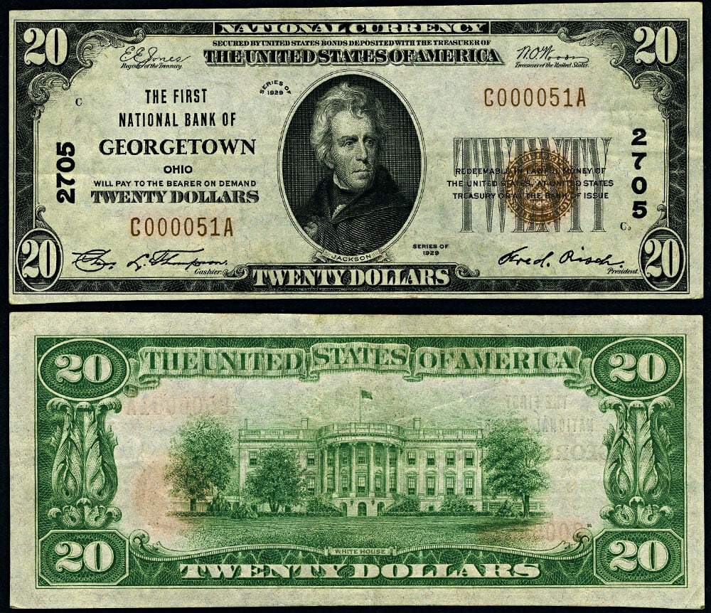 1929 T-1 $20 National Bank Note Georgetown Ohio Ch #2705 XF: 1929 T-1 $20 National Bank Note Georgetown Ohio Ch #2705 XF This $20 National Bank Note from Georgetown, Ohio, is a striking example from the 1929 T-1 series. Graded as XF (Extremely Fine), it feature