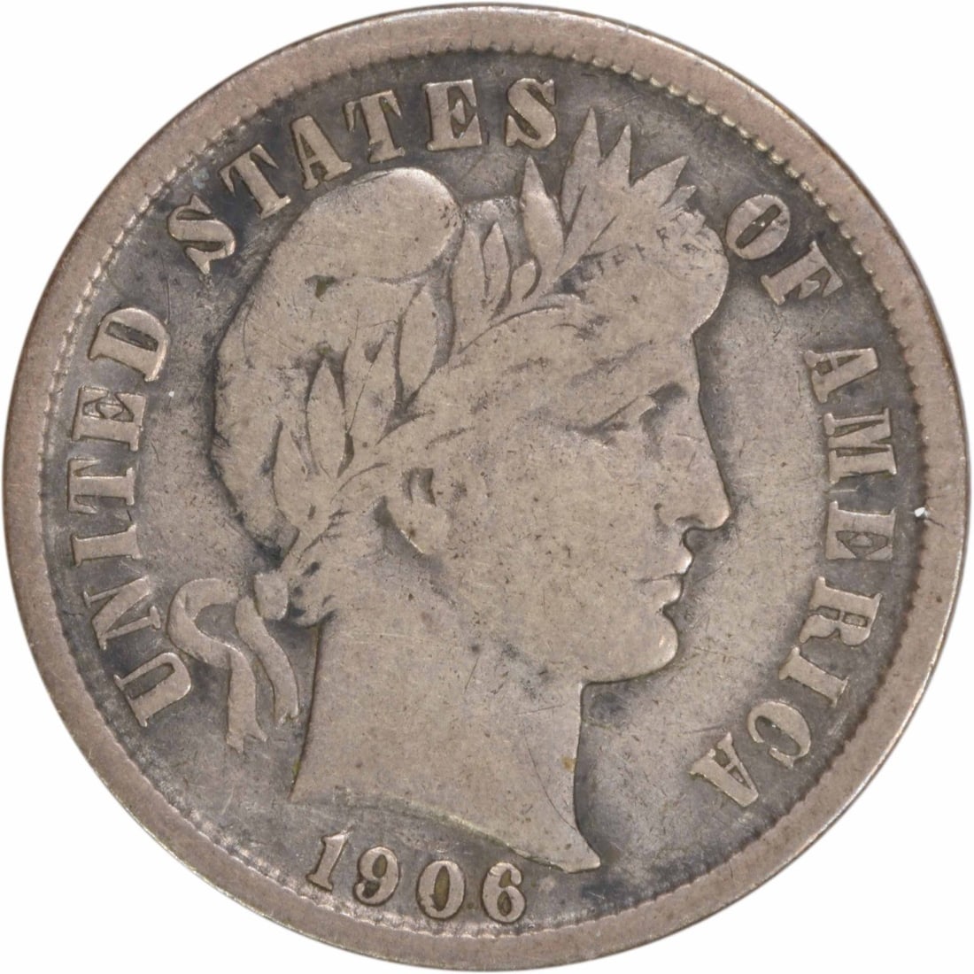 1906-O Barber Dime 10C VF Uncertified 90% Silver Coin: 1906-O Barber Dime 10C VF Uncertified 90% Silver Coin This 1906-O Barber Silver Dime is a classic American coin, featuring the intricate designs of Charles E. Barber. Struck in New Orleans, this circu