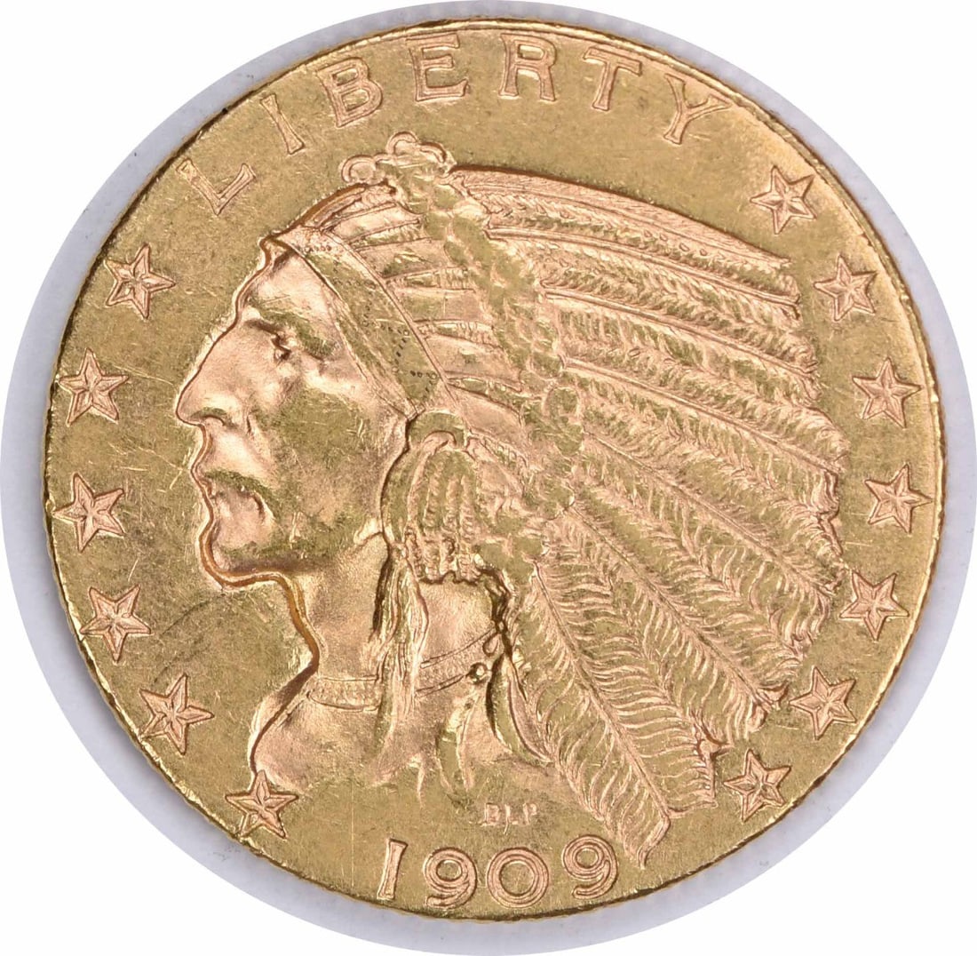 1909 Denver $5 Indian Head Gold Coin AU Uncertified: 1909 Denver $5 Indian Head Gold Coin AU Uncertified This 1909-D $5 Gold Indian coin is a circulated example from the Denver Mint, graded as About Uncirculated (AU). Designed by Bela Lyon Pratt, it fea