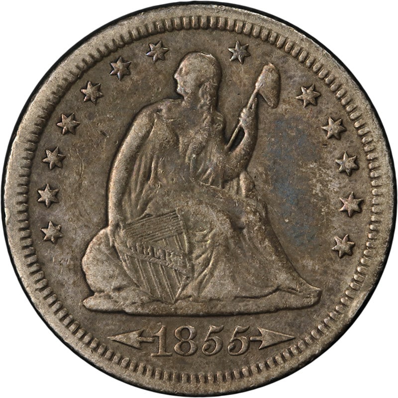 1855-S Seated Liberty Quarter Arrows Nice VF/XF Silver Coin: 1855-S Seated Liberty Quarter Arrows Nice VF/XF Silver Coin This 1855-S Seated Liberty Quarter 'Arrows' showcases a beautiful eye appeal with a strong strike. It features decent color and surfaces, ma
