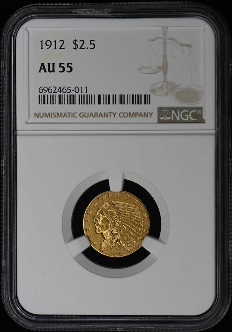 1912 Indian Head $2.50 Coin NGC AU55 Certified Philadelphia: 1912 Indian Head $2.50 Coin NGC AU55 Certified Philadelphia This 1912 Indian $2.50 coin is certified by NGC with a grade of AU55, indicating its high quality despite being circulated. Minted in Philad