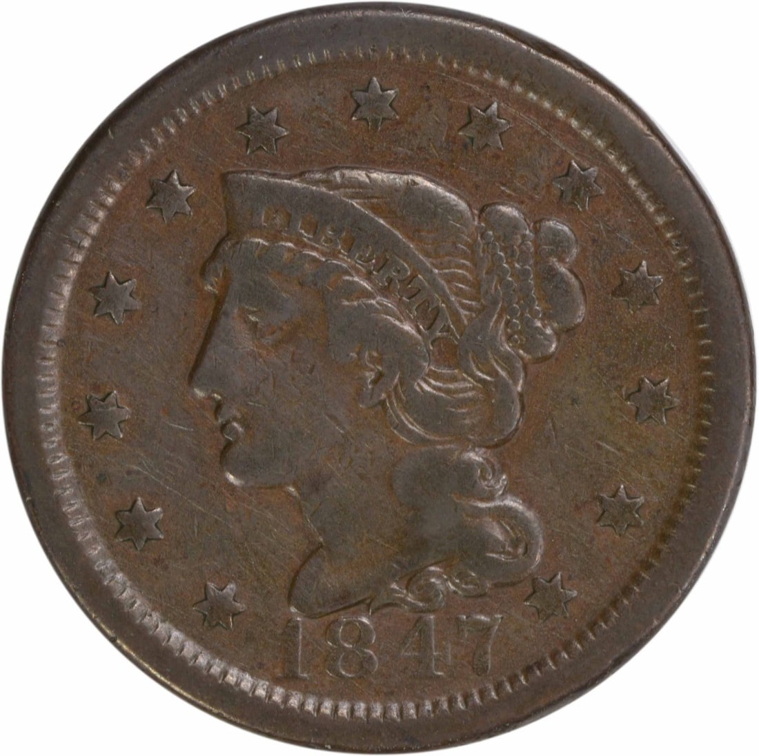 1847 Braided Hair Large Cent Coin VF Uncertified Philadelphia: 1847 Braided Hair Large Cent Coin VF Uncertified Philadelphia This 1847 Large Cent features the iconic Braided Hair design by Christian Gobrecht. It is graded as VF (Very Fine) and is in circulated co