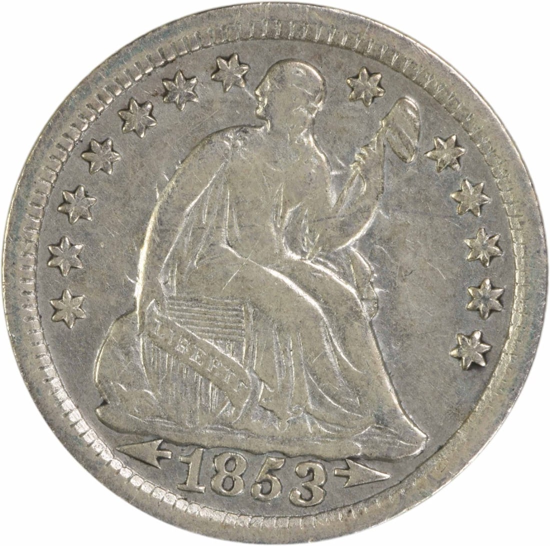 1853 Liberty Seated Half Dime 90% Silver Uncertified: 1853 Liberty Seated Half Dime 90% Silver Uncertified This 1853 Liberty Seated Silver Half Dime features an elegant seated figure and is a notable piece of American coinage. Struck in Philadelphia, thi