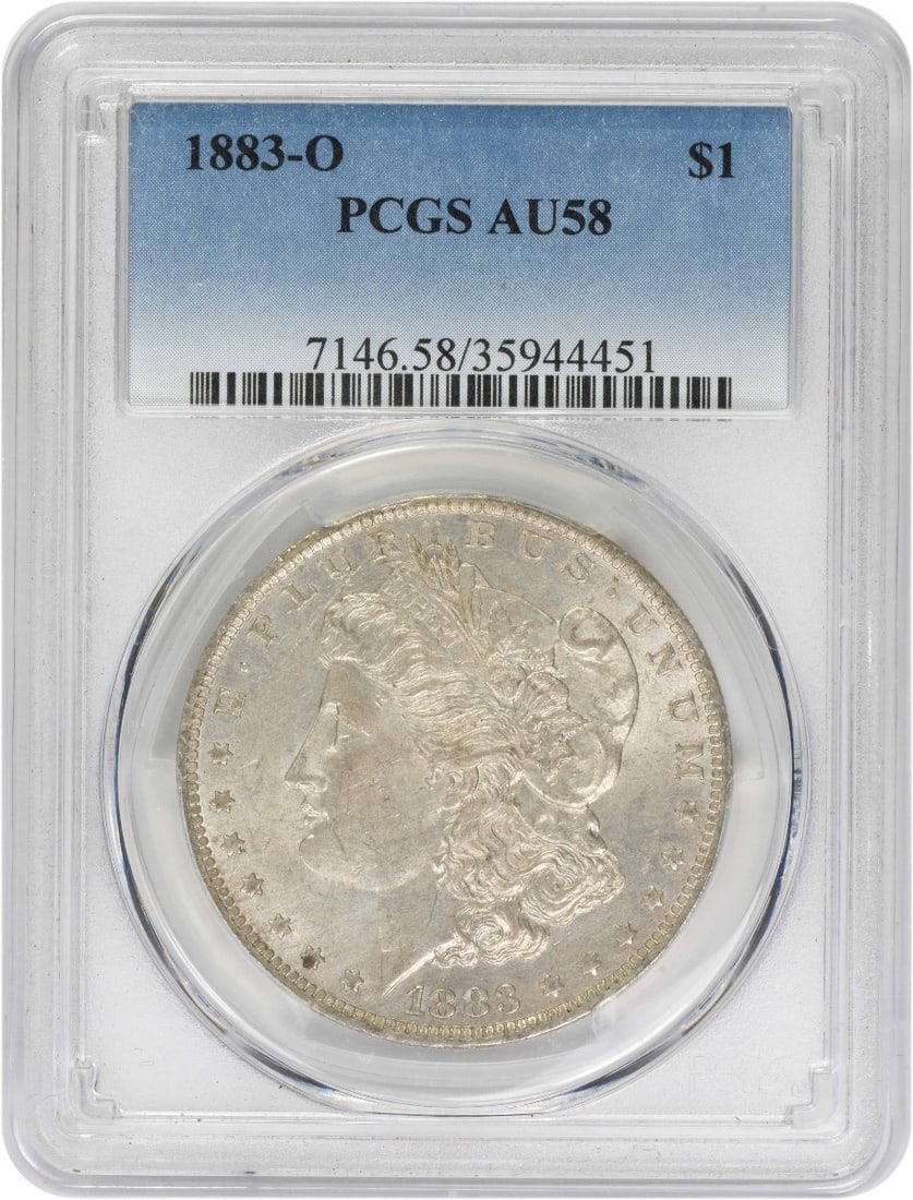 PCGS AU58 Graded 1883 New Orleans Morgan Silver Dollar: PCGS AU58 Graded 1883 New Orleans Morgan Silver Dollar This 1883-O Morgan Silver Dollar is certified by PCGS with a grade of AU58. Struck at the New Orleans Mint, it features a composition of 90% silv