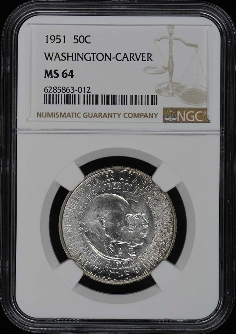 1951 Washington-Carver Silver Half Dollar NGC MS64 Philadelphia Mint: 1951 Washington-Carver Silver Half Dollar NGC MS64 Philadelphia Mint This 1951 Washington-Carver commemorative half dollar is struck in silver and certified by NGC with a grade of MS64. Issued by the 