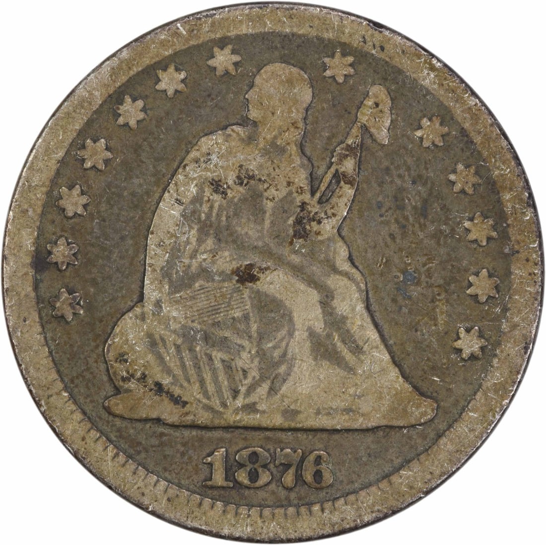 1876-CC Seated Liberty Quarter 25C VG Uncertified Coin: 1876-CC Seated Liberty Quarter 25C VG Uncertified Coin This 1876-CC Liberty Seated Quarter is a remarkable piece of American history, originating from the Carson City Mint. Struck in 90% silver and 10