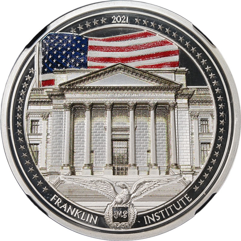 Benjamin Franklin 2021 Cook Islands $5 Colorized Silver Coin NGC PF70 Ultra Cameo: Benjamin Franklin 2021 Cook Islands $5 Colorized Silver Coin NGC PF70 Ultra Cameo This 2021 Cook Islands $5 coin features Benjamin Franklin and is struck from 1 ounce of .999 fine silver. The coin is 