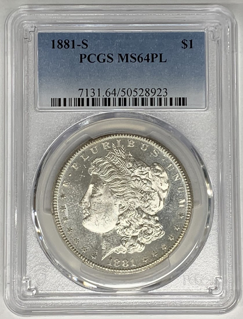 PCGS MS 64 Proof-Like 1881-S Morgan Dollar Silver Coin: PCGS MS 64 Proof-Like 1881-S Morgan Dollar Silver Coin This is an 1881-S Morgan Silver Dollar graded MS 64 Proof-Like by PCGS. The coin is uncirculated and made of silver, originating from the United 