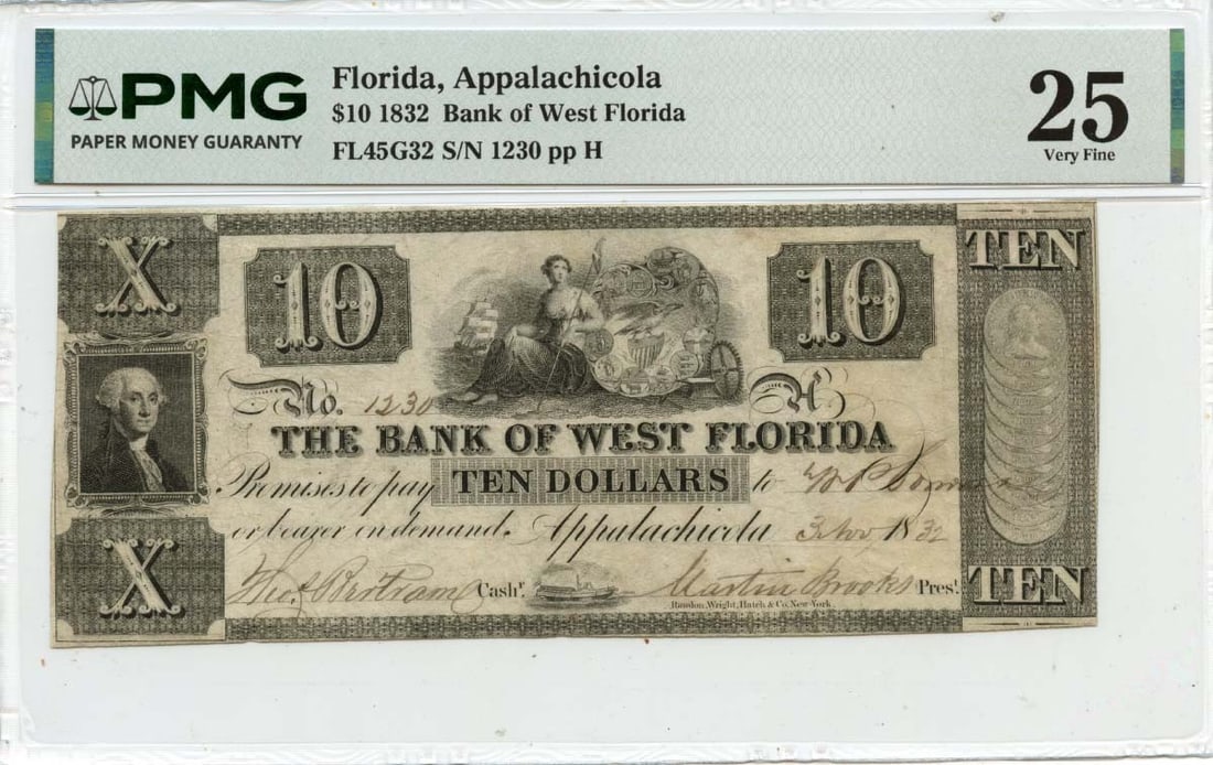 Bank of West Florida 1832 Ten Dollar Obsolete Currency PMG VF25: Bank of West Florida 1832 Ten Dollar Obsolete Currency PMG VF25 This is an 1832 $10 obsolete note issued by the Bank of West Florida in Appalachicola, Florida. The note has been certified by PMG with 