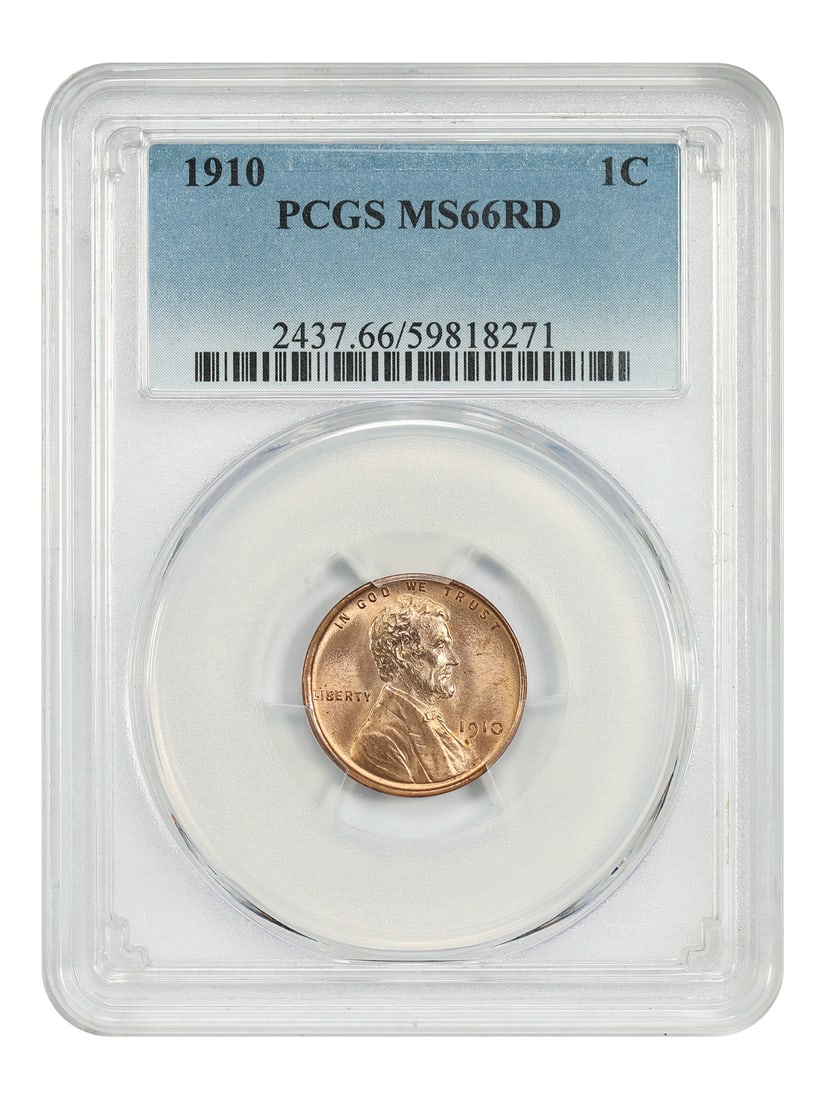 1910 Lincoln Wheat Cent PCGS MS66 Red Philadelphia Mint: 1910 Lincoln Wheat Cent PCGS MS66 Red Philadelphia Mint This 1910 Lincoln Cent features the Wheat Reverse design and is graded MS66RD by PCGS, indicating its uncirculated condition with a full Red des
