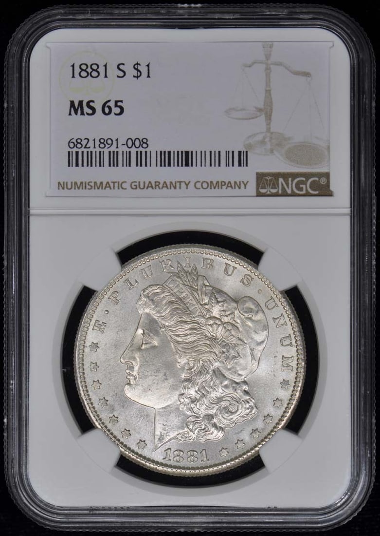 1881-S NGC MS65 Uncirculated Morgan Dollar Coin: 1881-S NGC MS65 Uncirculated Morgan Dollar Coin This 1881-S Morgan Dollar, certified by NGC with certification number 6821891008, is graded MS65 and is in uncirculated condition. Minted in San Francis
