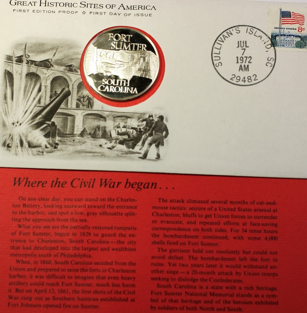 Proof Silver Medal First Day Cover Fort Sumter 1972 Historic Sites: Proof Silver Medal First Day Cover Fort Sumter 1972 Historic Sites This 1972 Fort Sumter, South Carolina Great Historic Sites Medal is a proof silver medal presented in a First Day Cover. Issued by th
