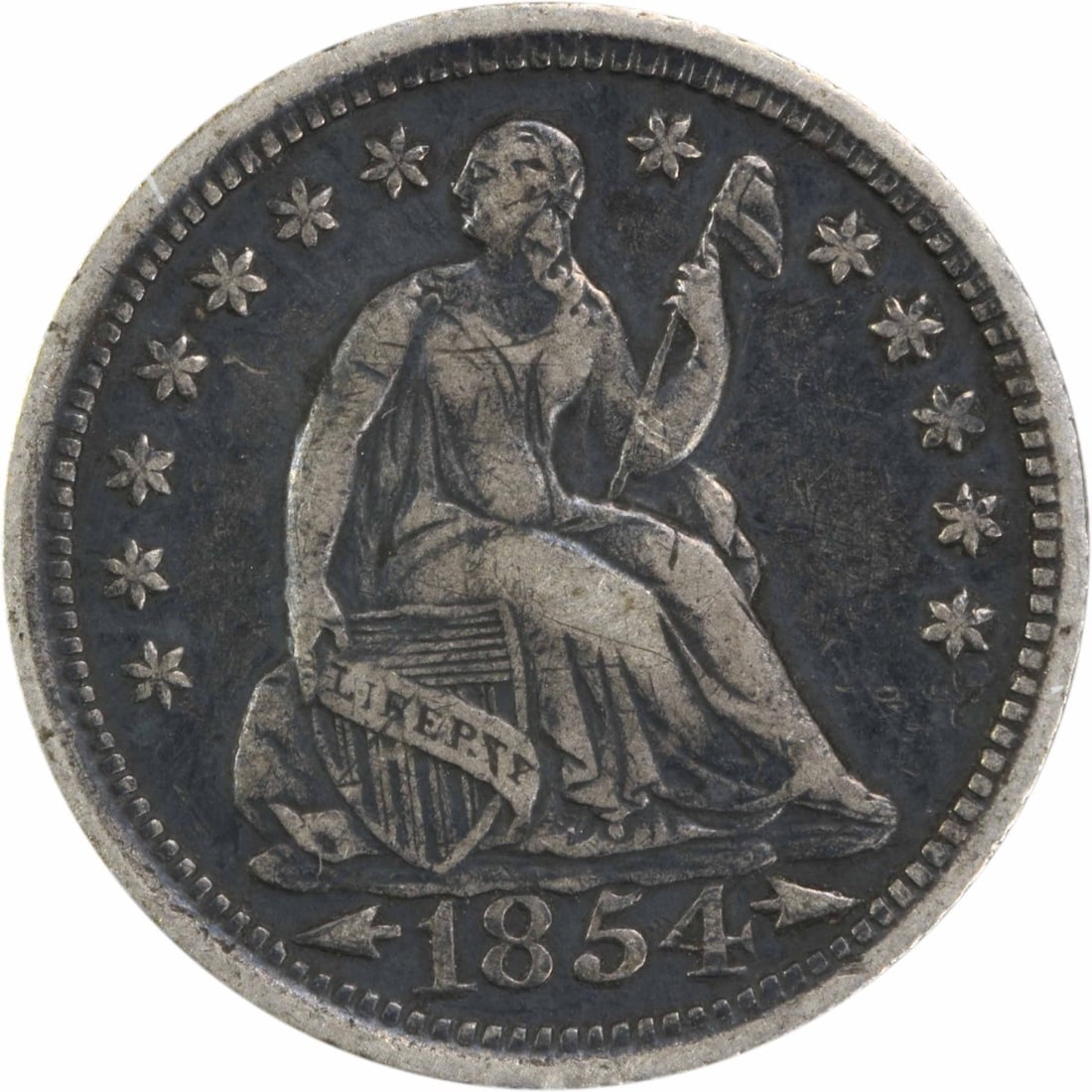 1854 Liberty Seated Silver Half Dime Uncertified 90% Silver: 1854 Liberty Seated Silver Half Dime Uncertified 90% Silver This 1854 Liberty Seated Silver Half Dime features a striking design by Christian Gobrecht and is a classic piece of American numismatic his