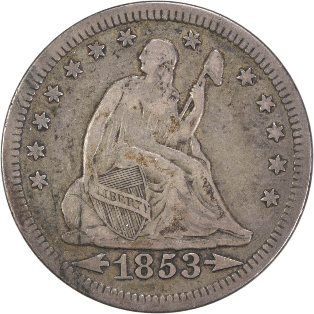 1853 Liberty Seated Quarter 90% Silver VF Uncertified: 1853 Liberty Seated Quarter 90% Silver VF Uncertified This 1853 Liberty Seated Silver Quarter features Arrows and Rays, showcasing a classic design by Robert Ball Hughes and Christian Gobrecht. Struck