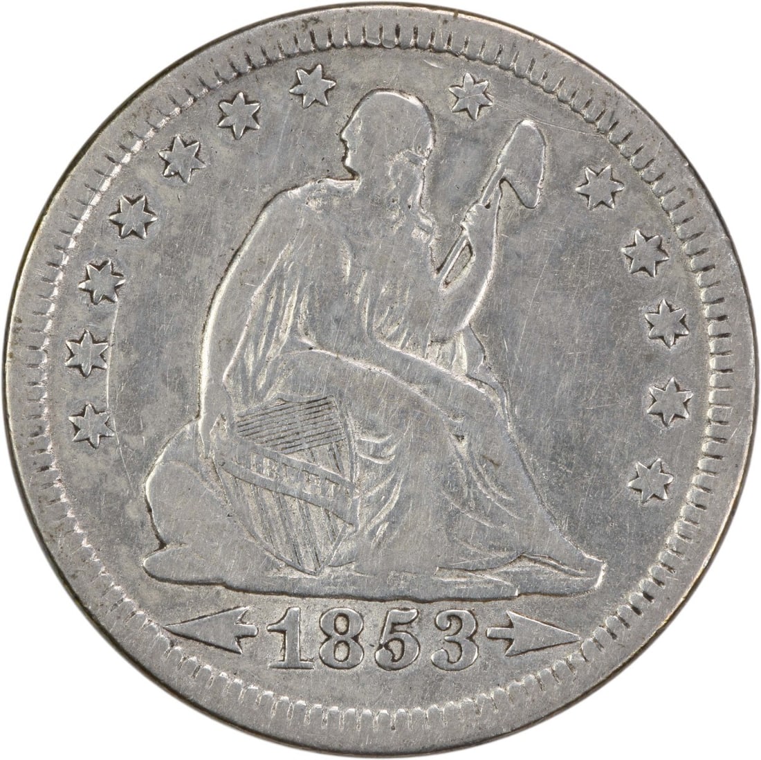 1853 Liberty Seated Quarter 90% Silver VF Uncertified: 1853 Liberty Seated Quarter 90% Silver VF Uncertified This 1853 Liberty Seated Silver Quarter features the Arrows and Rays design and is graded as Very Fine (VF). Minted in Philadelphia, this historic