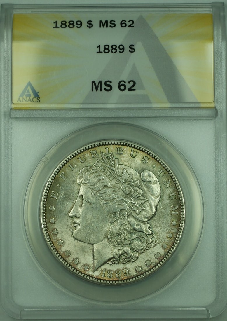 1889 ANACS MS-62 Morgan Dollar Silver Coin Light Tone Philadelphia: 1889 ANACS MS-62 Morgan Dollar Silver Coin Light Tone Philadelphia This is an 1889 Morgan Silver Dollar $1 coin certified by ANACS with a grade of MS-62. The coin is lightly toned and was minted in Ph