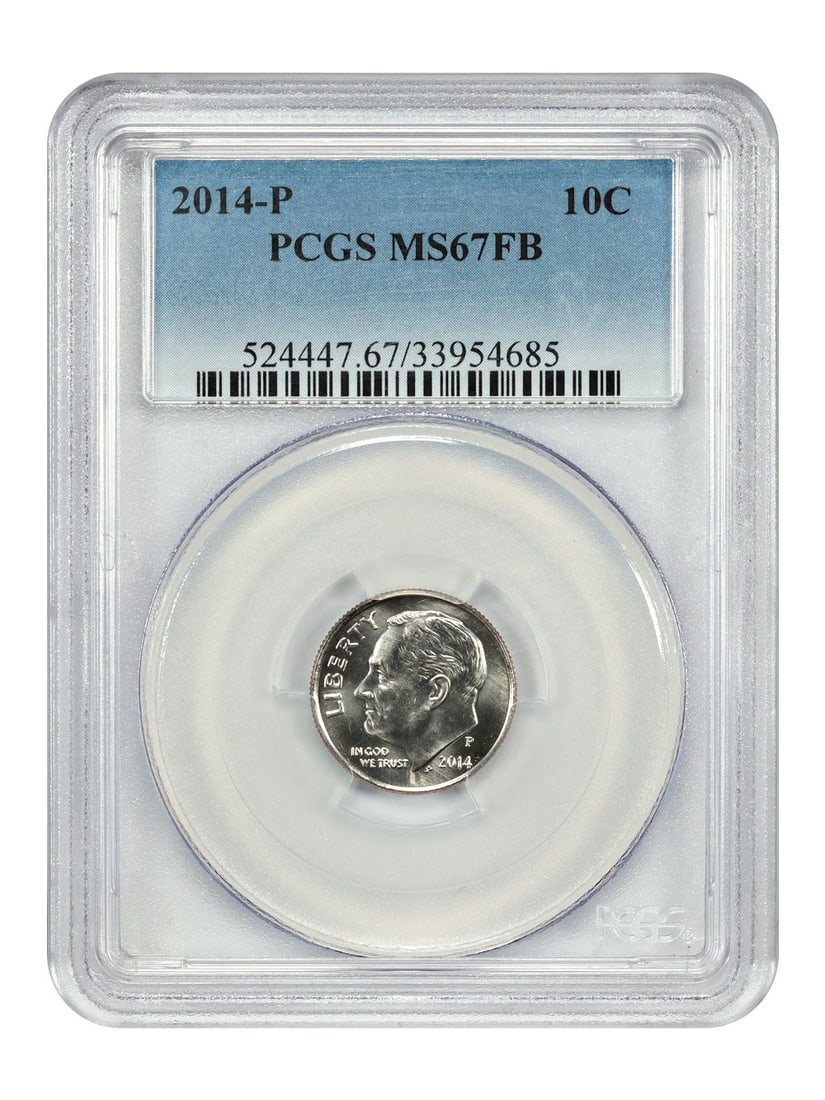 PCGS MS67FB 2014 Philadelphia Roosevelt Dime 10C Uncirculated: PCGS MS67FB 2014 Philadelphia Roosevelt Dime 10C Uncirculated This is a 2014 Roosevelt Dime graded MS67FB by PCGS, indicating a high-quality, uncirculated coin with full bands. It was minted in Philad