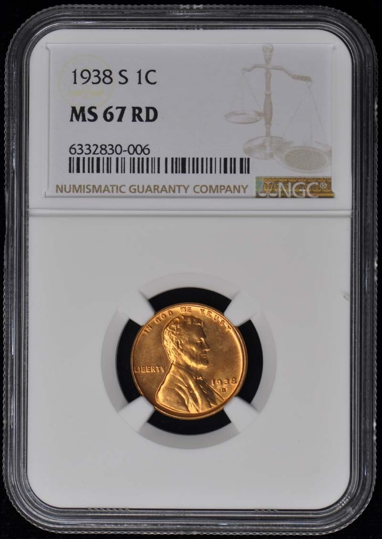 1938-S Lincoln Cent NGC MS67RD Uncirculated Red Coin: 1938-S Lincoln Cent NGC MS67RD Uncirculated Red Coin This 1938-S Wheat Reverse Lincoln Cent is a remarkable collectible coin, certified by NGC with a grade of MS67RD, indicating it is in uncirculated 