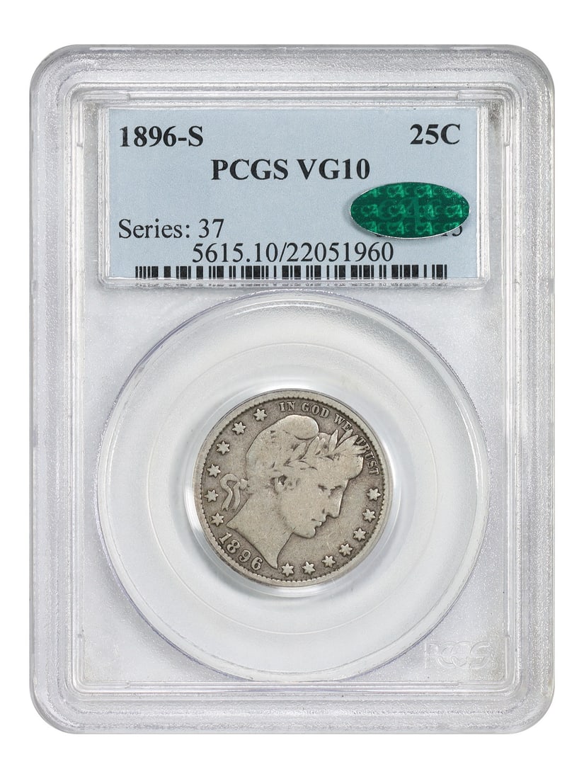 PCGS CAC Graded 1896-S Barber Quarter Key Date San Francisco Mint: PCGS CAC Graded 1896-S Barber Quarter Key Date San Francisco Mint This is an 1896-S Barber Quarter, a classic key date coin and one of the "Big 3" keys in the Barber Quarter series, alongside the 1901