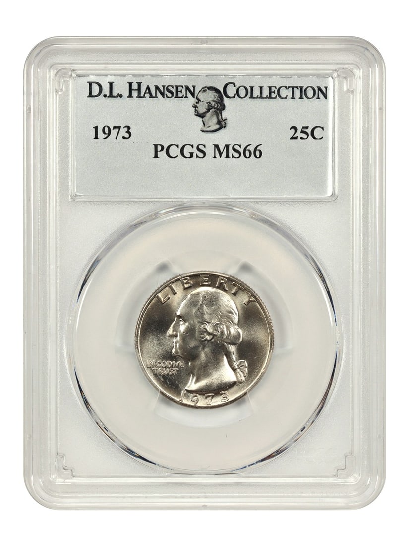 PCGS MS66 1973 Washington Quarter Coin ex D L Hansen: PCGS MS66 1973 Washington Quarter Coin ex D L Hansen This 1973 Washington Quarter has been graded MS66 by PCGS and comes from the D.L. Hansen collection. The coin is uncirculated and was minted in Phi
