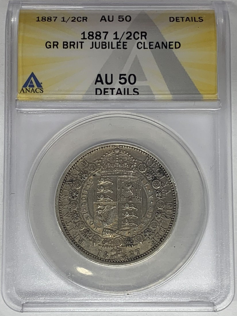 United Kingdom 1887 Half Crown Coin ANACS AU 50 Certified: United Kingdom 1887 Half Crown Coin ANACS AU 50 Certified This 1887 Great Britain Half Crown is certified by ANACS with a grade of AU 50 Details and noted as cleaned. A collectible coin from the Unite