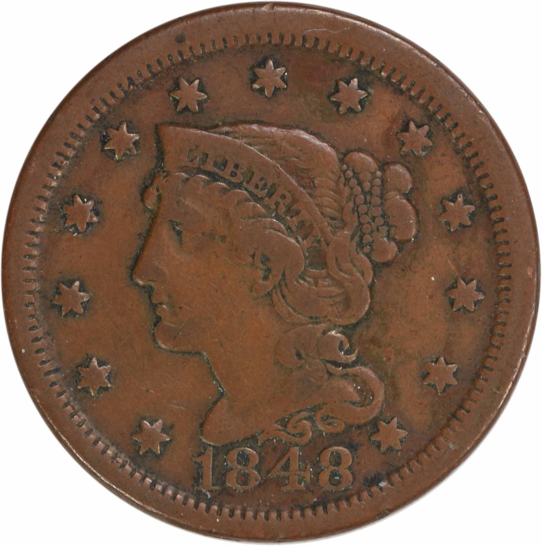 1848 Braided Hair Large Cent VF Uncertified Copper Coin: 1848 Braided Hair Large Cent VF Uncertified Copper Coin This 1848 Large Cent features a VF (Very Fine) grade and showcases the Braided Hair design by Christian Gobrecht. Minted in Philadelphia, this c
