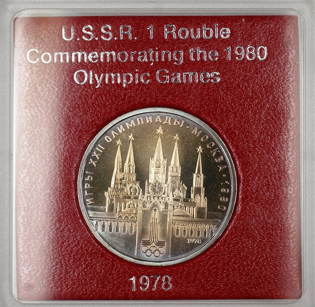 Uncirculated 1978 1 Ruble Olympics Commemorative Coin from Russia with Even Toning: Uncirculated 1978 1 Ruble Olympics Commemorative Coin from Russia with Even Toning This 1978 Russia 1 Ruble coin commemorates the Olympic Games and features evenly toned, symmetric coloration. The coi