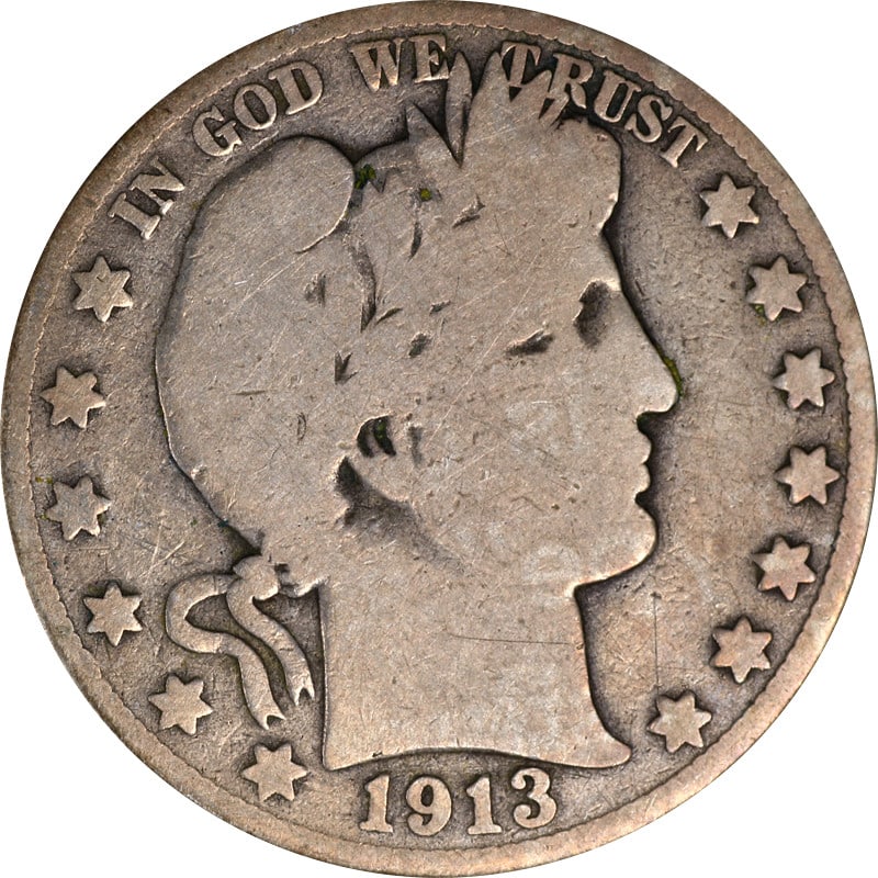 1913 Silver Barber Half Dollar Philadelphia Mint Circulated Example: 1913 Silver Barber Half Dollar Philadelphia Mint Circulated Example This is a 1913-P Barber Half Dollar minted in Philadelphia. The coin is composed of silver and is in circulated, pre-owned condition