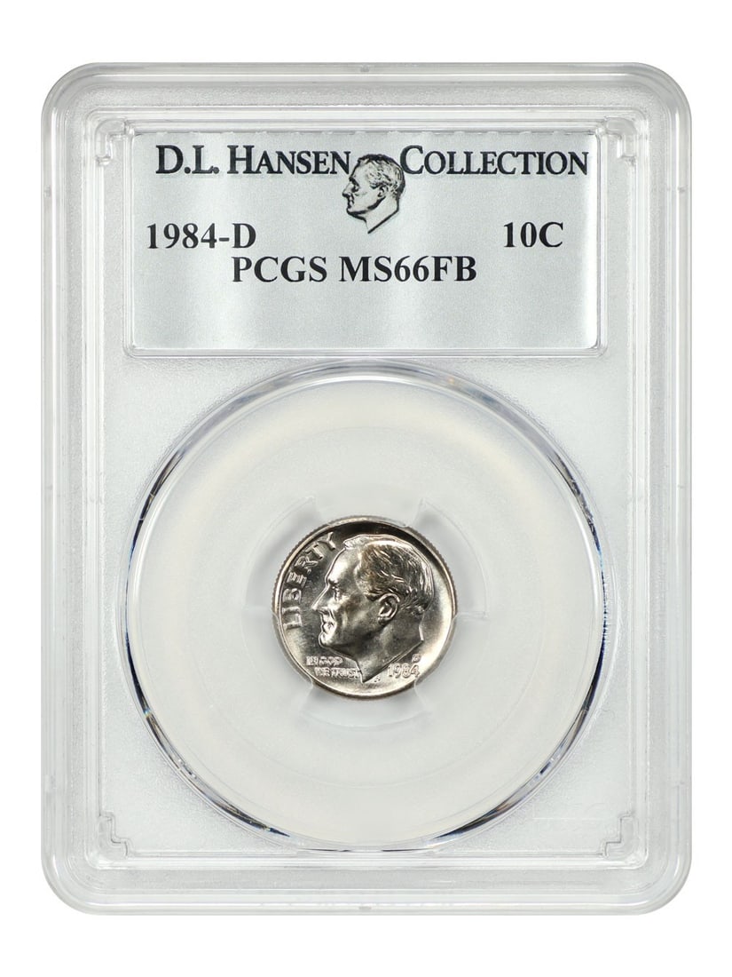 PCGS MS66FB 1984-D Roosevelt Dime from D L Hansen Collection: PCGS MS66FB 1984-D Roosevelt Dime from D L Hansen Collection This is a 1984-D Roosevelt Dime graded MS66FB by PCGS, indicating a Mint State coin with full bands on the torch. The coin is uncirculated 