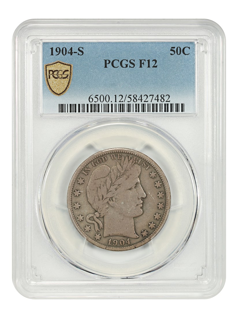 Barber Half Dollar 1904-S PCGS Fine 12 Scarce San Francisco Mint Issue: Barber Half Dollar 1904-S PCGS Fine 12 Scarce San Francisco Mint Issue This 1904-S Barber Half Dollar is a rare date coin from the San Francisco Mint, graded Fine 12 by PCGS. It is a circulated exampl