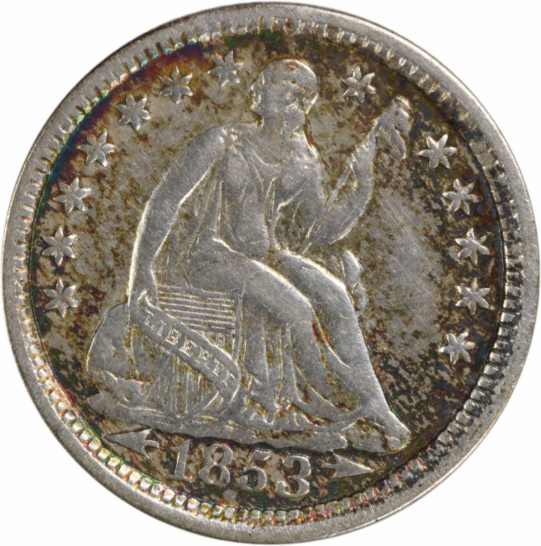 1853 Liberty Seated Half Dime 90% Silver Uncertified EF: 1853 Liberty Seated Half Dime 90% Silver Uncertified EF This 1853 Liberty Seated Silver Half Dime features the iconic design by Christian Gobrecht and is a remarkable piece of U.S. coinage history. St