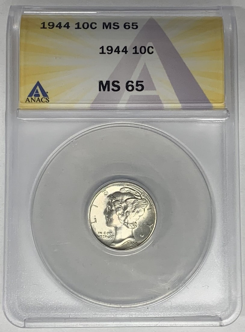 1944 Mercury Dime ANACS MS 65 Certified Uncirculated 10 Cent Coin: 1944 Mercury Dime ANACS MS 65 Certified Uncirculated 10 Cent Coin This is a 1944 Mercury Dime 10-cent coin from the United States, graded MS 65 by ANACS. The coin is uncirculated and has been certifie