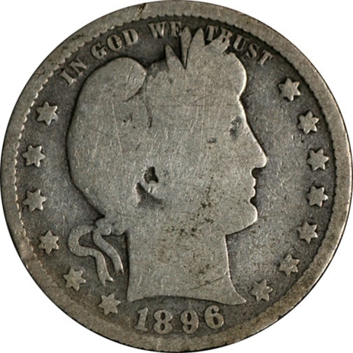 1896-O Barber Quarter Silver Circulated Nice G+ Eye Appeal: 1896-O Barber Quarter Silver Circulated Nice G+ Eye Appeal This 1896-O Barber Quarter is a stunning piece showcasing nice eye appeal and attractive color. With its circulated condition, it offers a gl