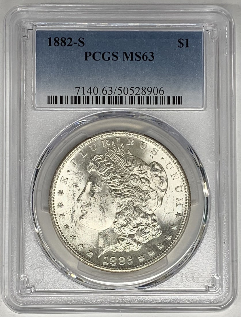 PCGS MS 63 1882-S Morgan Dollar Silver Coin United States: PCGS MS 63 1882-S Morgan Dollar Silver Coin United States This is an 1882-S Morgan Silver Dollar, certified by PCGS with a grade of MS 63. The coin is uncirculated and composed of silver, originating 