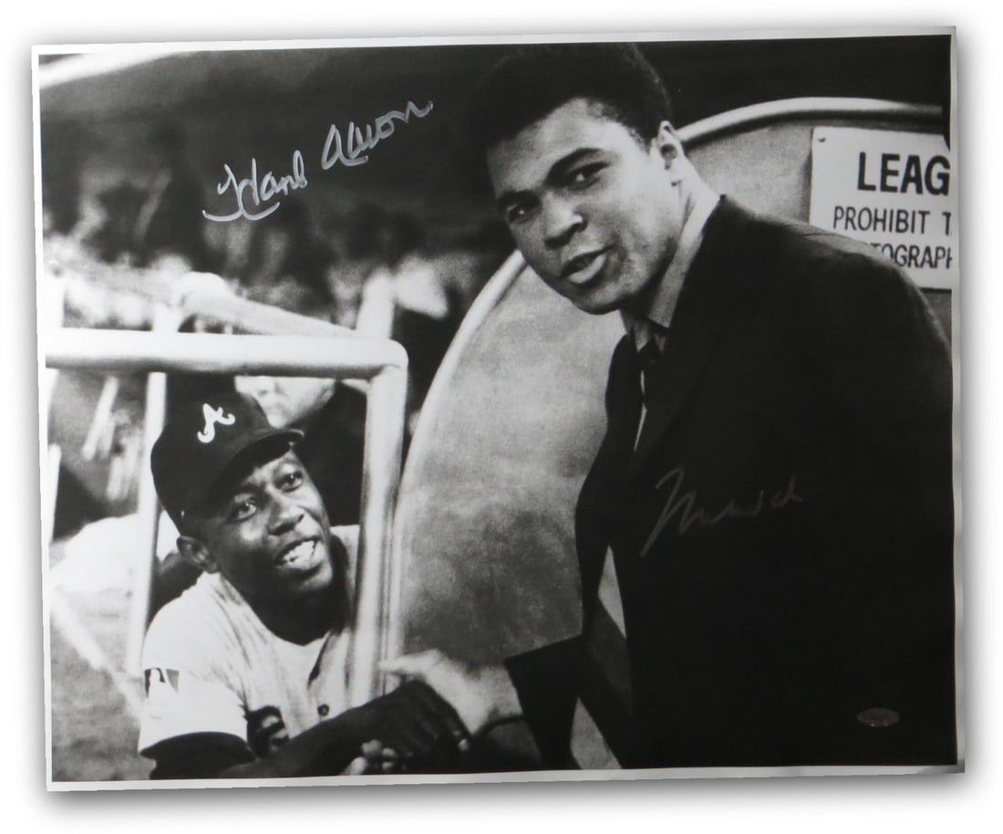 Muhammad Ali Hank Aaron Autographed 16x20 Photo Steiner Sports COA: Muhammad Ali Hank Aaron Autographed 16x20 Photo Steiner Sports COA This is an original autographed 16X20 photo featuring the legendary Muhammad Ali and Hank Aaron, two icons in their respective sports