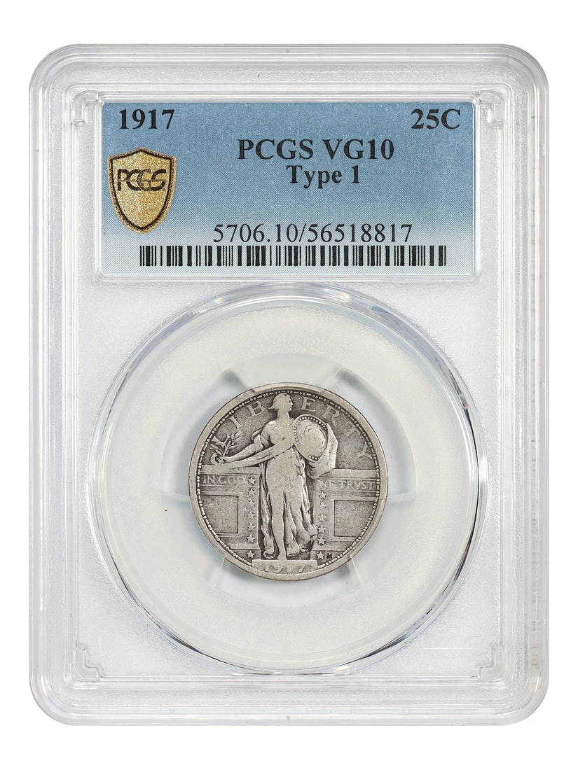 1917 Standing Liberty Quarter PCGS VG10 Philadelphia Type 1: 1917 Standing Liberty Quarter PCGS VG10 Philadelphia Type 1 This 1917 Standing Liberty Quarter is a circulated coin graded VG10 by PCGS. It is a desirable and popular one-year type coin, minted in Phi