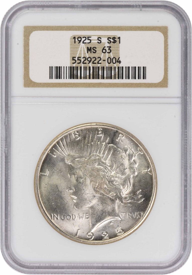 Peace Dollar 1925 San Francisco MS63 NGC Certified Silver Coin: Peace Dollar 1925 San Francisco MS63 NGC Certified Silver Coin This 1925-S Peace Silver Dollar is graded MS63 by NGC and features the iconic design by Anthony de Francisci. Minted in San Francisco, th