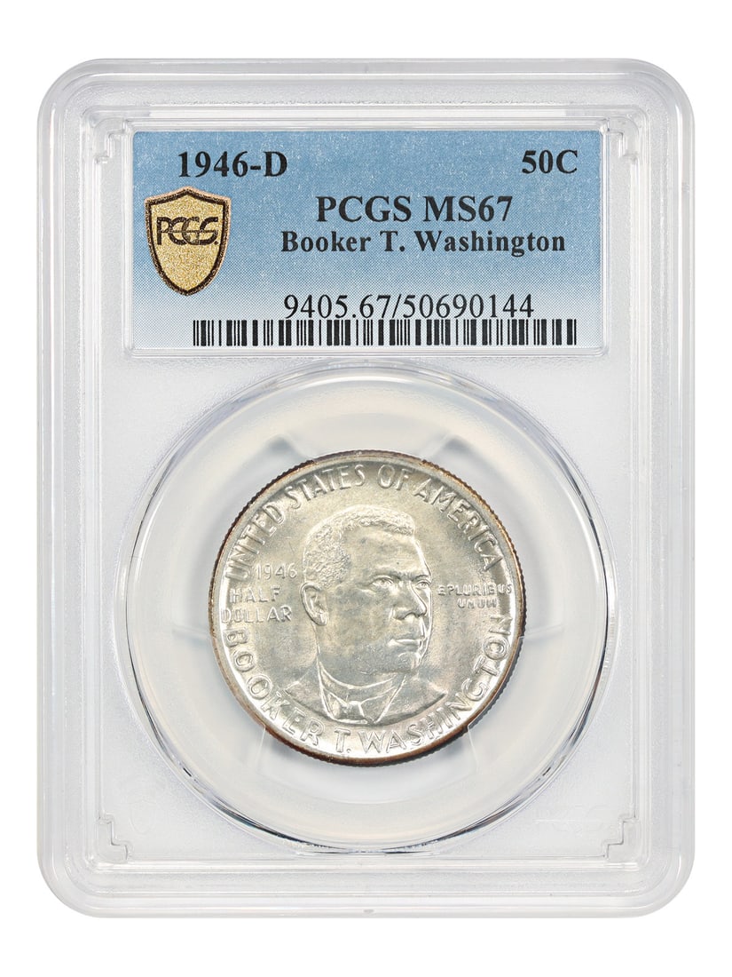 Booker T Washington 1946-D Half Dollar PCGS MS67 Silver Commemorative Coin: Booker T Washington 1946-D Half Dollar PCGS MS67 Silver Commemorative Coin This 1946-D 50C Booker T. Washington commemorative half dollar is a classic silver coin issued by the Denver Mint. Certified 