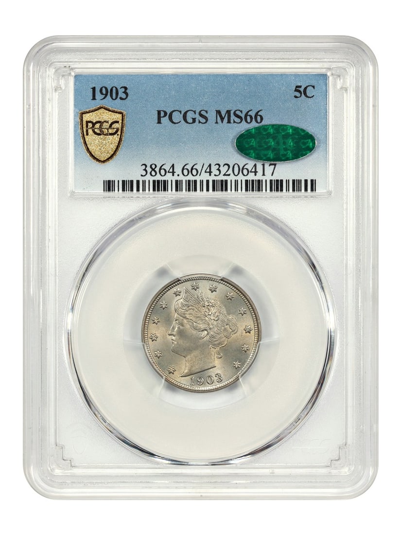 PCGS CAC MS66 1903 Liberty Nickel Five Cent Uncirculated Philadelphia: PCGS CAC MS66 1903 Liberty Nickel Five Cent Uncirculated Philadelphia This 1903 Liberty Nickel has been certified by PCGS and CAC, achieving a grade of MS66. The coin displays gentle toning with a sil