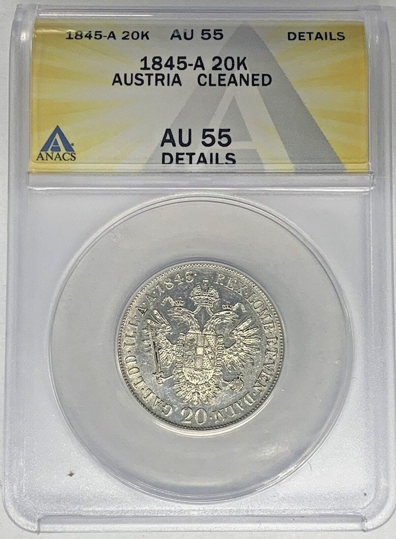 Silver 1845-A 20 Kreutzer Coin Austria ANACS AU 55 Certified: Silver 1845-A 20 Kreutzer Coin Austria ANACS AU 55 Certified This 1845-A Austria 20 Kreutzer coin is composed of silver and has been certified by ANACS with a grade of AU 55 Details. The coin is circu