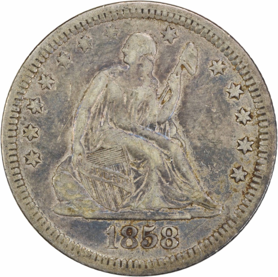 1858 Liberty Seated Quarter 25C Choice VF Uncertified: 1858 Liberty Seated Quarter 25C Choice VF Uncertified This 1858 Liberty Seated Quarter is a beautiful example of classic American coinage. Struck in Philadelphia, this coin features the iconic Seated 