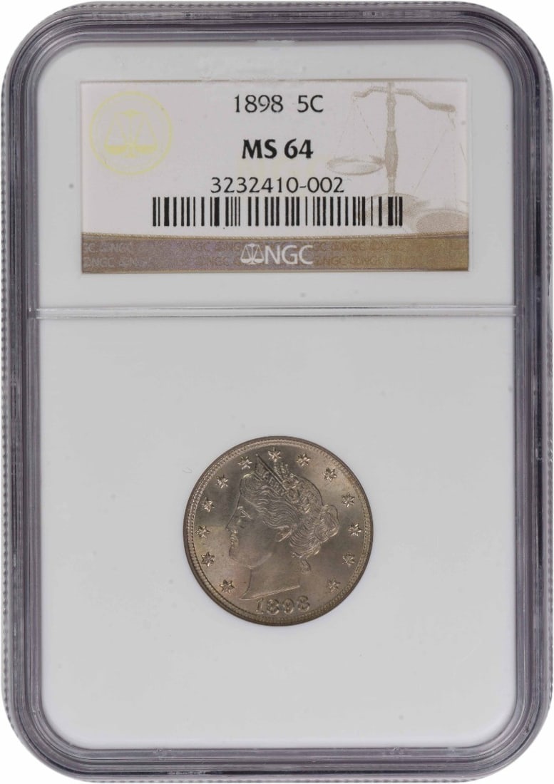 1898 Liberty 5C Nickel Graded MS64 by NGC: 1898 Liberty 5C Nickel Graded MS64 by NGC This 1898 Liberty Nickel, designed by Charles E. Barber, is graded MS64 by NGC. Struck in Philadelphia, this pre-owned coin features a composition of 75% copp