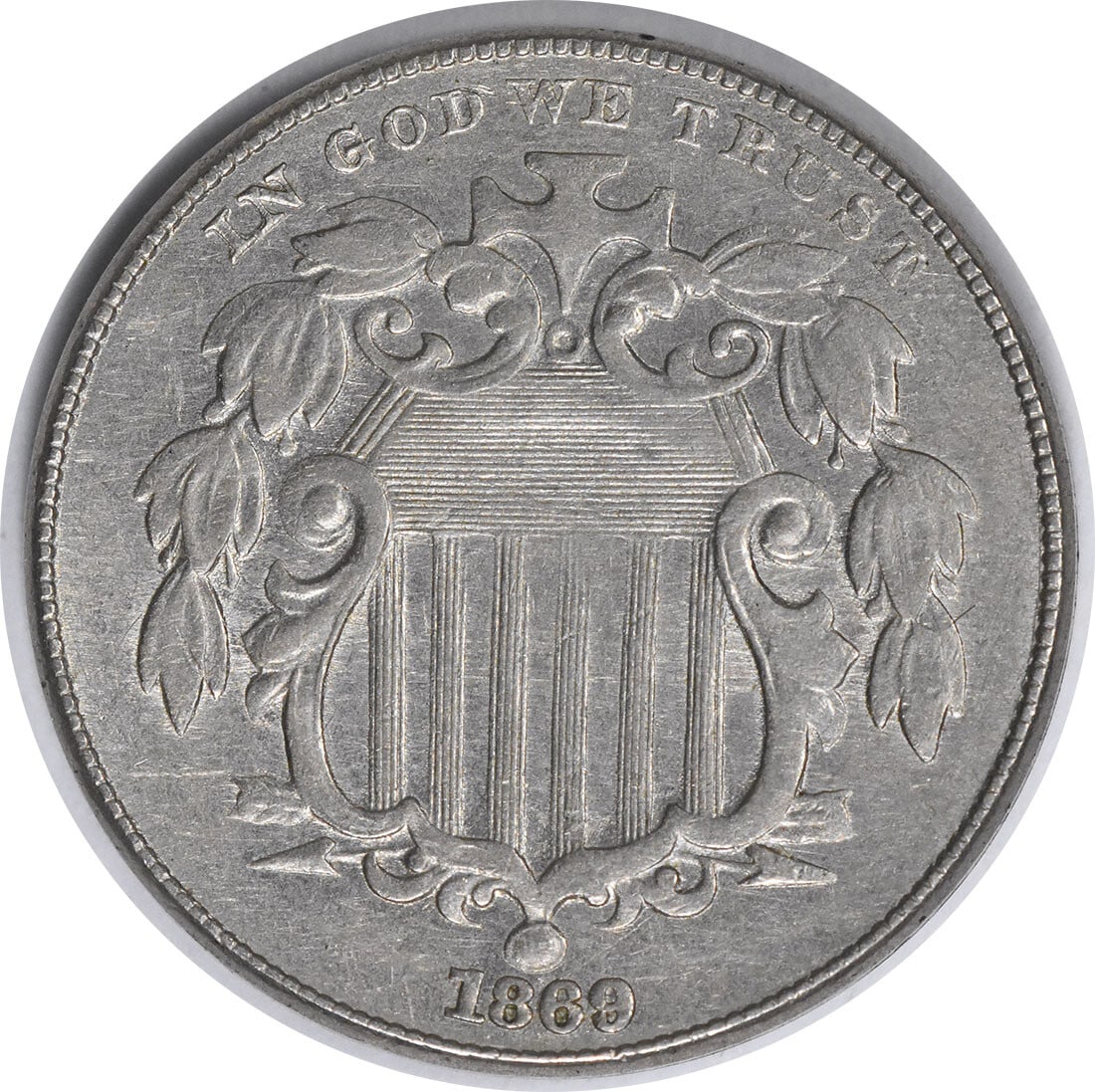 1869 Shield Nickel F-111 AU Uncertified Philadelphia Mint 5C: 1869 Shield Nickel F-111 AU Uncertified Philadelphia Mint 5C This 1869 Shield Nickel is a notable piece from the Philadelphia mint, featuring a striking design by James Barton Longacre. With a composi