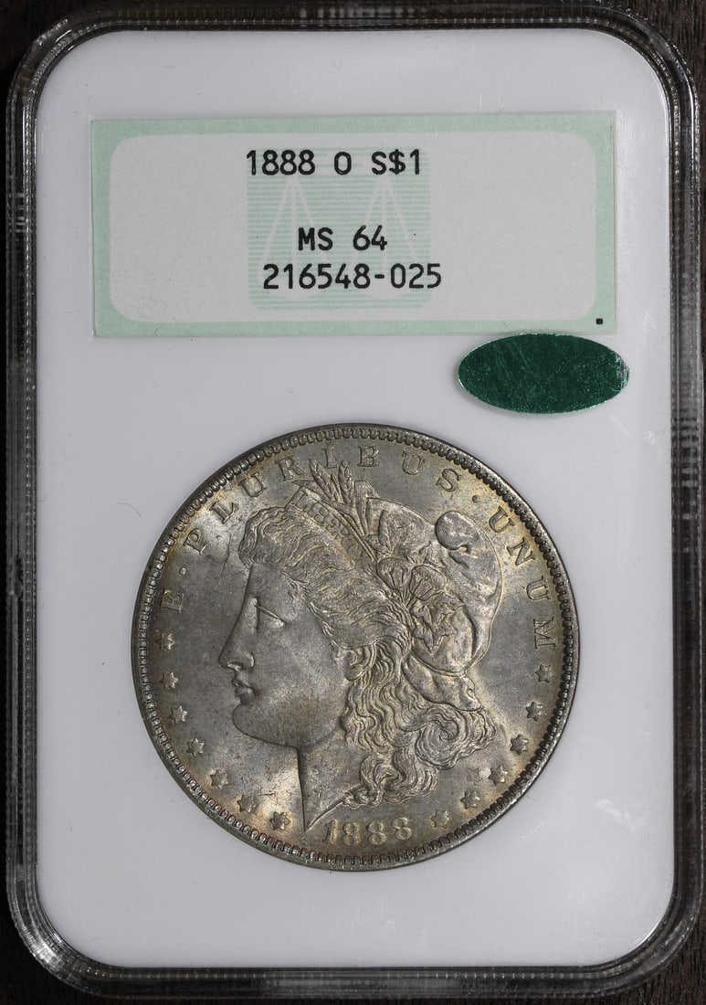 1888-O Morgan Silver Dollar MS64 CAC NGC Fatty Holder: 1888-O Morgan Silver Dollar MS64 CAC NGC Fatty Holder This 1888-O Morgan Silver Dollar is an uncirculated coin, showcasing its impressive grade of MS 64 as certified by NGC. Struck from 90% silver, th