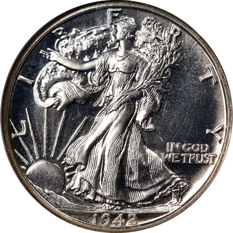 1942 Silver Walking Liberty Half Dollar Proof NGC PF64 Strong Strike: 1942 Silver Walking Liberty Half Dollar Proof NGC PF64 Strong Strike This 1942 Walking Liberty Half Dollar is a proof coin certified by NGC with a PF64 grade. Struck in silver with a fineness of 0.9, 