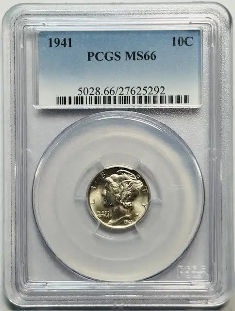 1941 P Mercury Dime Silver PCGS MS66 Uncirculated: 1941 P Mercury Dime Silver PCGS MS66 Uncirculated This 1941 P Mercury Dime, certified by PCGS with a grade of MS 66, showcases exceptional quality and detail, reflecting its uncirculated condition. St