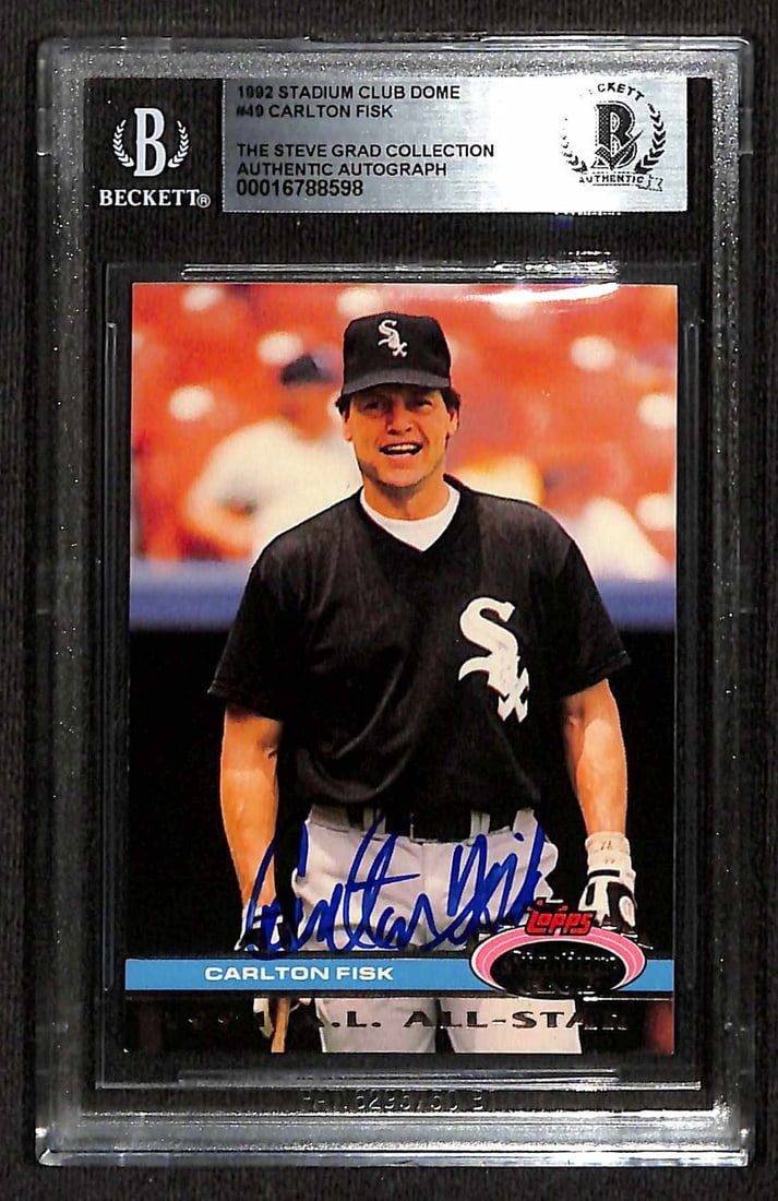1992 Stadium Club Dome #49 Carlton Fisk Auto Beckett Authenticated: 1992 Stadium Club Dome #49 Carlton Fisk Auto Beckett Authenticated This exceptional collectible features a 1992 Stadium Club Dome #49 baseball card of Carlton Fisk, beautifully signed by the Hall of F
